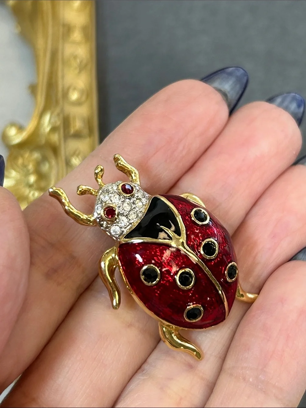 Red Enamel & Crystal Ladybug Pin Brooch